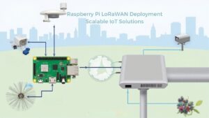 A realistic image showing a Raspberry Pi connected to a LoRaWAN gateway, small antennas visible, with outdoor sensors nearby and a city skyline in the background
