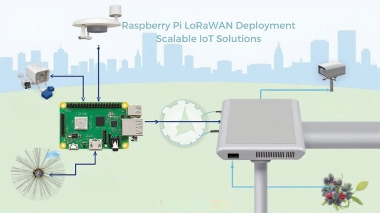 A realistic image showing a Raspberry Pi connected to a LoRaWAN gateway, small antennas visible, with outdoor sensors nearby and a city skyline in the background
