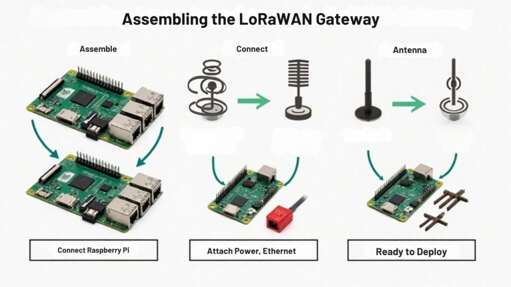 An infographic showing step-by-step visuals of assembling a Raspberry Pi LoRaWAN gateway: connecting the Pi, mounting the LoRa hat, attaching antennas, and wiring power and Ethernet. Highlight simple connection diagrams, tool icons, and labels for each hardware part. Include iconography for "power ON" and "network connected".