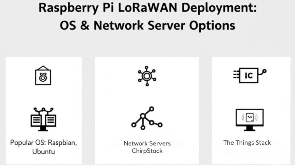 An infographic detailing Operating System and Network Server options for deploying Raspberry Pi on LoRaWAN networks, highlighting compatibility, flexibility, and scalability factors.