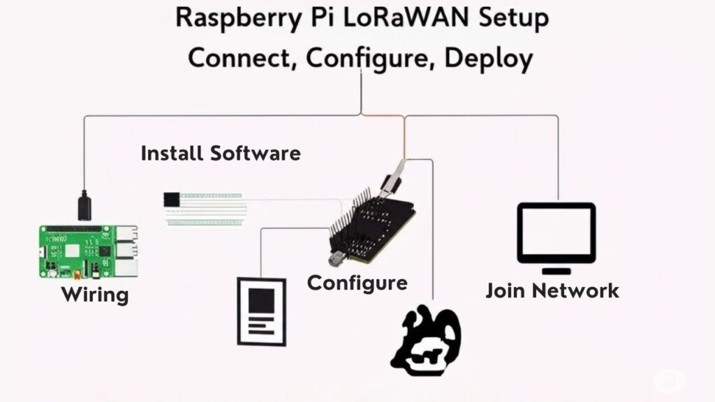 An infographic showing how to set up LoRaWAN communication on a Raspberry Pi, highlighting wiring, installing LoRa libraries, configuring gateway settings, and joining a LoRaWAN network.