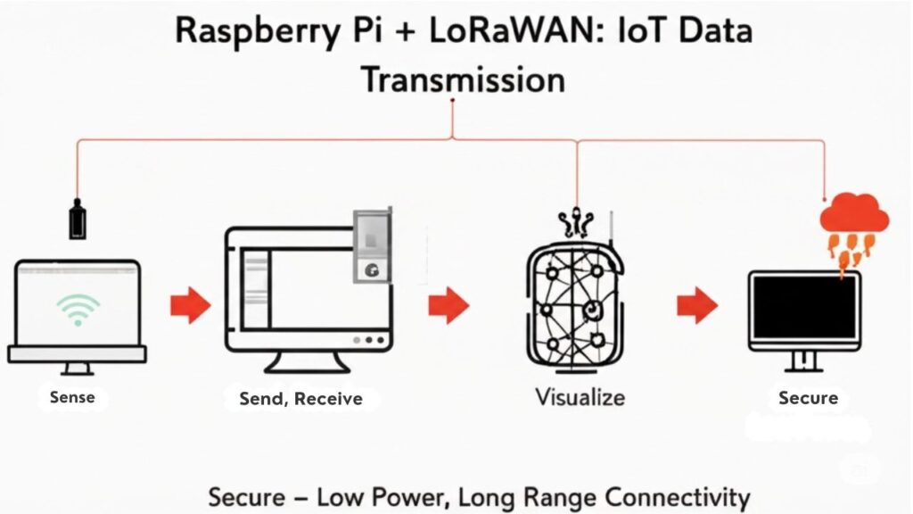 :An infographic illustrating how IoT applications operate and transmit data when deploying a Raspberry Pi on LoRaWAN Networks, including device setup, sensor data flow, and cloud integration.