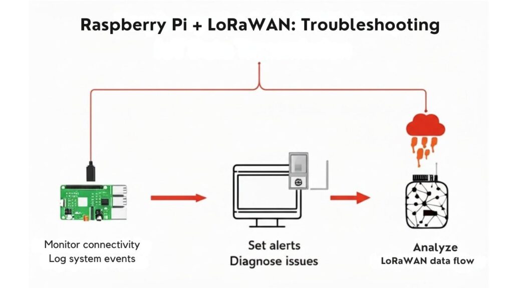An infographic illustrating best practices for monitoring, logging, and troubleshooting when deploying Raspberry Pi devices on LoRaWAN networks, including connectivity checks, log management, alert setup, and diagnostic steps. Highlight data flow, error detection, and response actions suitable for IoT deployments.