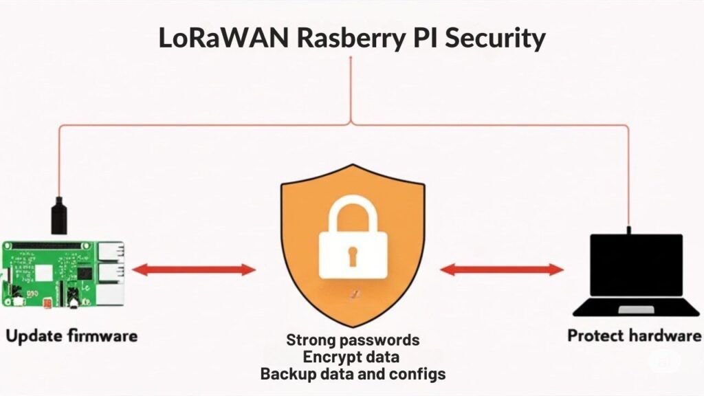 An infographic illustrating best practices for securing and maintaining a Raspberry Pi as a LoRaWAN gateway, showing regular updates, secure credentials, encrypted communications, and physical protection.