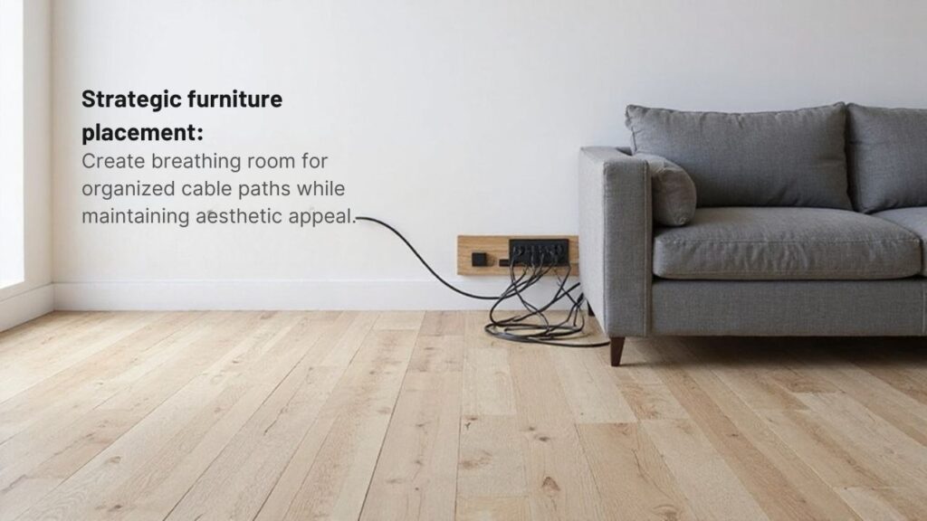 A realistic image showing a strategically arranged living room with a sofa positioned slightly away from the wall, revealing a clean cable management system underneath. Cords are neatly routed through discrete wall channels and furniture cutouts, creating a clutter-free space with hidden power strips.