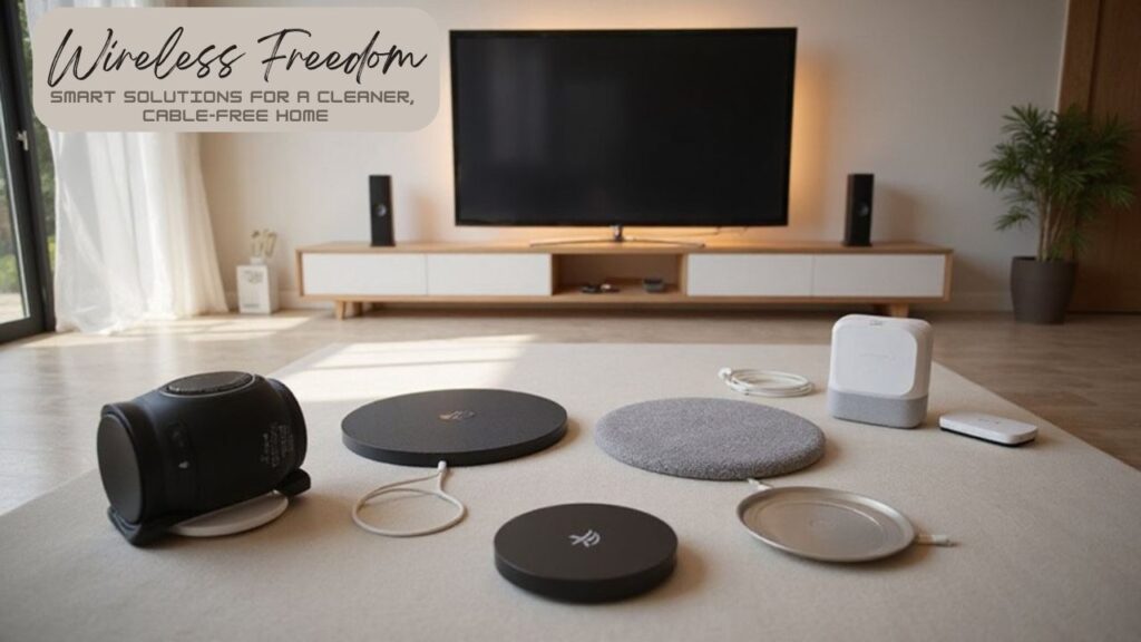 A realistic image of a modern living room with wireless bluetooth speakers, charging pads, and mesh WiFi nodes arranged elegantly. Cable-free entertainment system with hidden cable management. Clean, minimalist aesthetic with warm lighting highlighting the absence of tangled cords near devices.