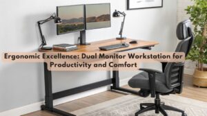 :A realistic image of an ergonomic desk setup with dual monitors on adjustable arms, ergonomic chair with lumbar support, keyboard at elbow height, and proper lighting. The workspace features cable management solutions, wrist rests, and standing desk capability in a professional home office environment.