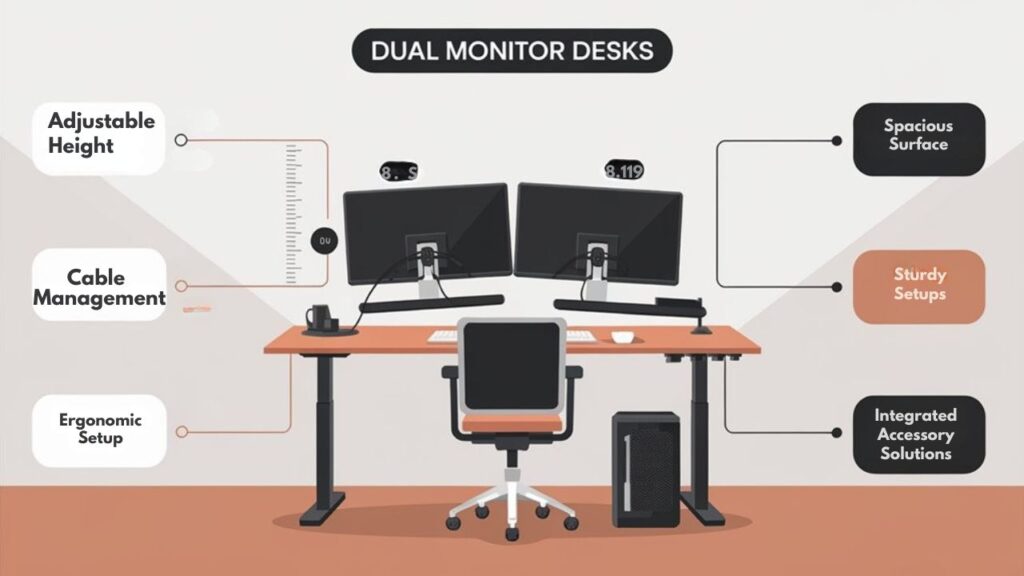 An infographic showing 6 essential features of Ergonomic Furniture for dual monitor setups displayed as labeled visual elements: adjustable height with measurement scale, cable management system, wide surface area with two monitors, sturdy construction, ergonomic setup with proper angles, and integrated accessory solutions.