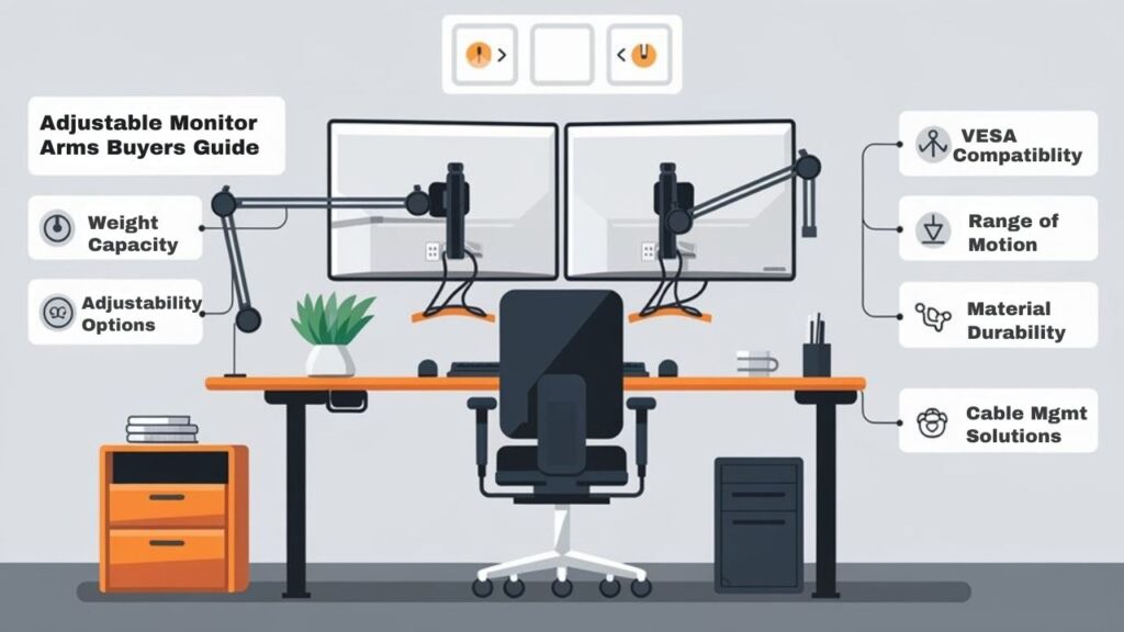 An infographic showing a dual monitor workstation with adjustable monitor arms. Include key features: VESA compatibility, weight capacity, adjustability options, desk attachment methods, and cable management solutions. Use a clean design with ergonomic positioning illustrations.