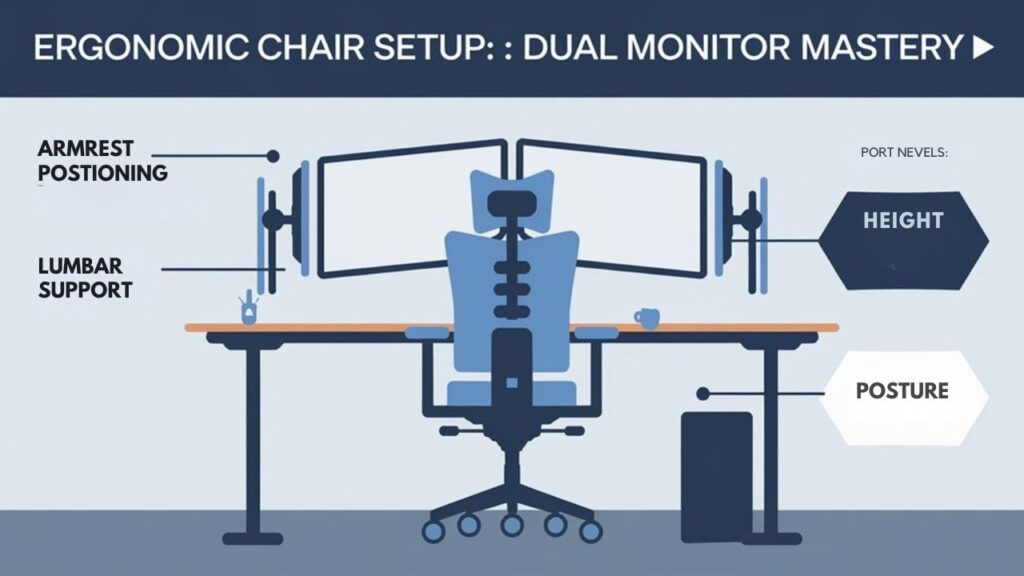 An infographic showing proper chair setup for dual monitor workstations. Include height adjustments, armrest positioning, and lumbar support. Show correct posture with monitors at eye level, and display recommended angles for neck/back.