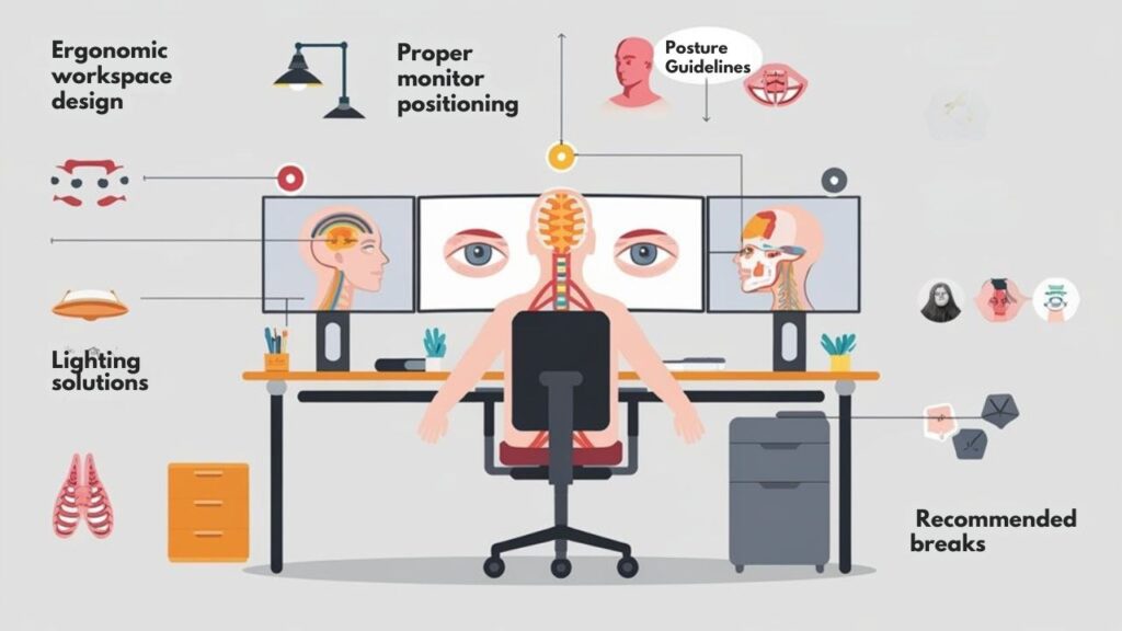 An infographic showing proper dual monitor workstation setup to prevent neck and eye strain. Include monitor height/distance guidelines, proper desk/chair height, lighting recommendations, and ergonomic accessories. Use a clean layout with anatomical illustrations showing correct vs. incorrect postures and eye positions.