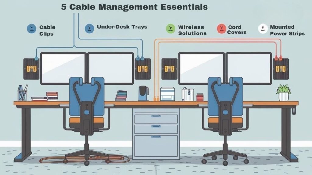 An infographic demonstrating clean workstation cable management solutions featuring cable clips, raceways, under-desk trays, wireless peripherals, and power strips mounted to ergonomic dual monitor workstations. Show before/after visuals with color-coded organization systems for power, data, and peripheral cables.