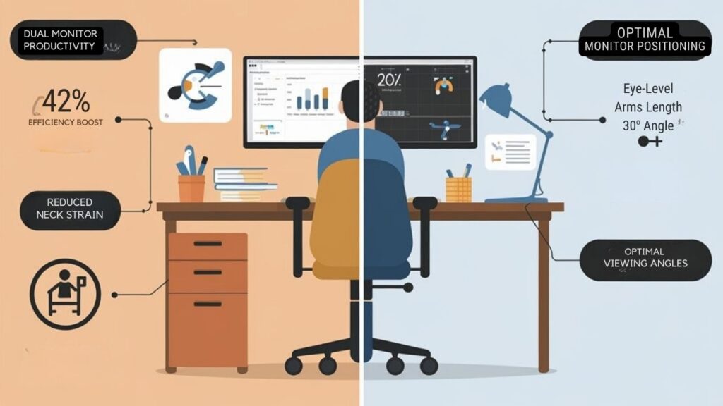 An infographic illustrating productivity improvements from dual monitor ergonomics, featuring split-screen comparison of proper vs improper setups, statistics on 42% productivity gains, decreased neck strain, and optimal monitor positioning (eye level, arms-length, 30° angle). Include ergonomic chair benefits and proper desk height recommendations.