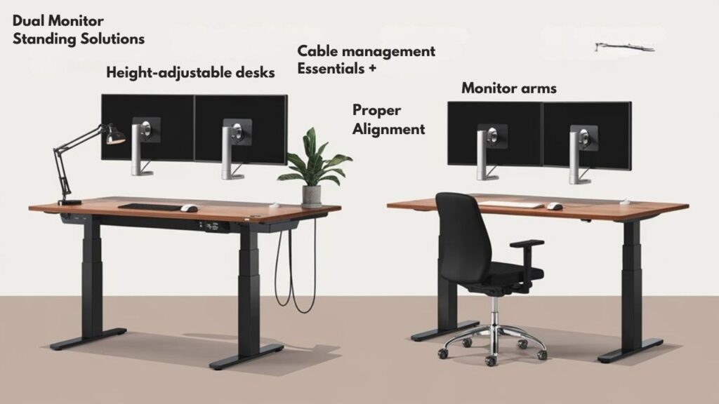 An infographic showing different standing desk options for dual monitor setups, featuring height-adjustable desks, converter stands, and corner desks with proper monitor alignment and appropriate desk depths. Include ergonomic positioning guidelines and cable management solutions.
