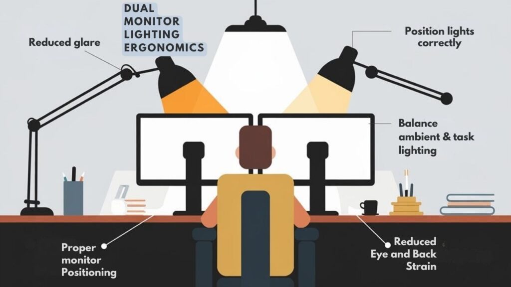 An infographic showing ergonomic lighting for dual monitor setups. Include proper placement of overhead lights, task lamps, and ambient lighting to reduce eye strain and prevent glare. Demonstrate proper monitor positioning and how lighting should complement the workspace.