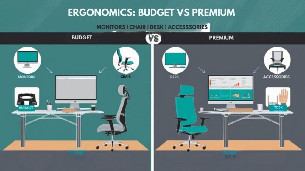 :An infographic comparing budget-friendly and premium ergonomic furniture for dual monitor workstations, showing key differences in materials, adjustability, health benefits, and long-term value. Use icons, split design, and price tags to highlight where spending more delivers value versus where budget options suffice.