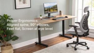 A realistic image of an ergonomic home office setup featuring an adjustable desk, supportive chair with lumbar support, and keyboard positioned at elbow level. Natural lighting, floating monitor at eye-level, and wrist rests demonstrate proper ergonomic positioning, reducing strain during remote work.