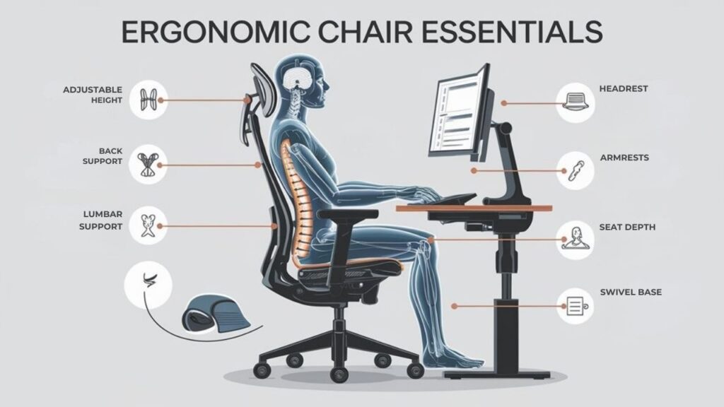 :An infographic showing key components of an ergonomic chair. Use a detailed cutaway view highlighting adjustable seat height, lumbar support, armrests, headrest, seat depth, and swivel base. Include icons representing back pain prevention and proper posture benefits.