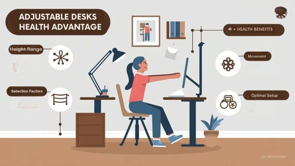 An infographic displaying the ergonomic benefits of adjustable desks for home offices. Show key health advantages, selection factors (height range, weight capacity, adjustment mechanism), and proper setup guidance with a person demonstrating correct posture at different heights.