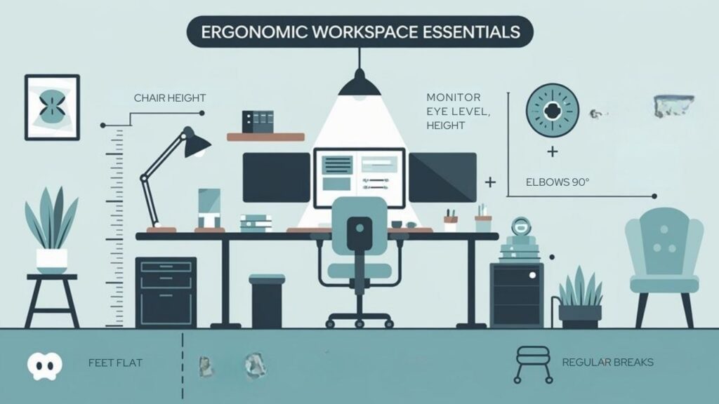 An infographic showing an ideal home office layout with labeled ergonomic furniture and optimal positioning. Include proper desk height, chair adjustments, monitor placement, keyboard position, and lighting. Use a color scheme of blues and greens. Highlight key measurements and healthy posture guidelines.