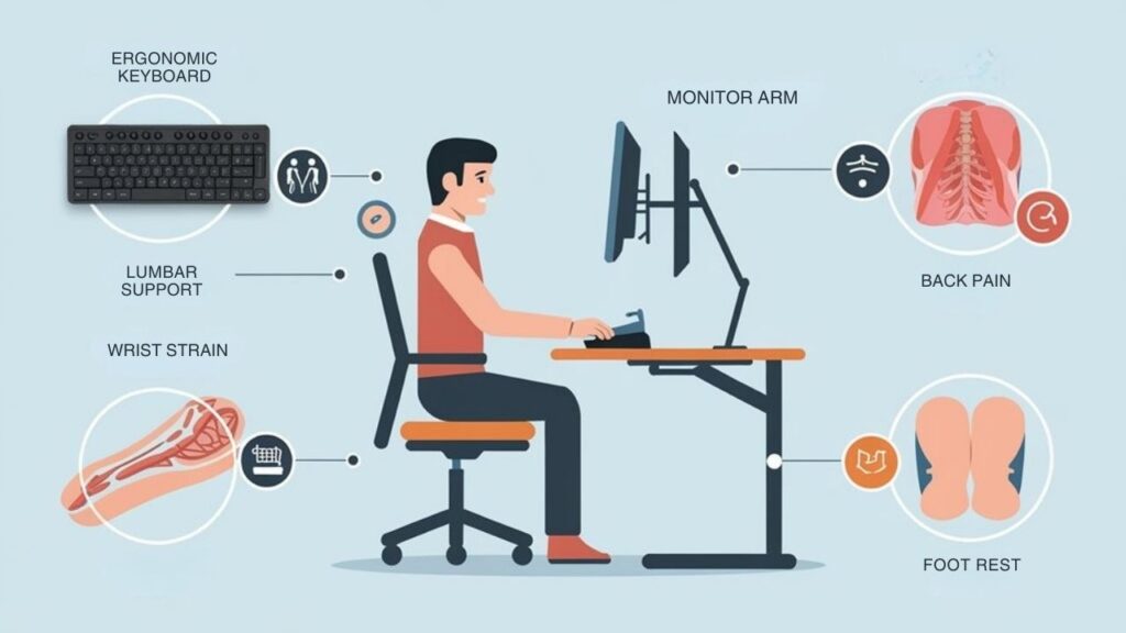 An infographic showing 5 essential home office ergonomic accessories: ergonomic keyboard, monitor arm, footrest, lumbar support cushion, and document holder. Use anatomical illustrations to show how each accessory supports proper posture and reduces strain. Include icons for pain reduction benefits.
