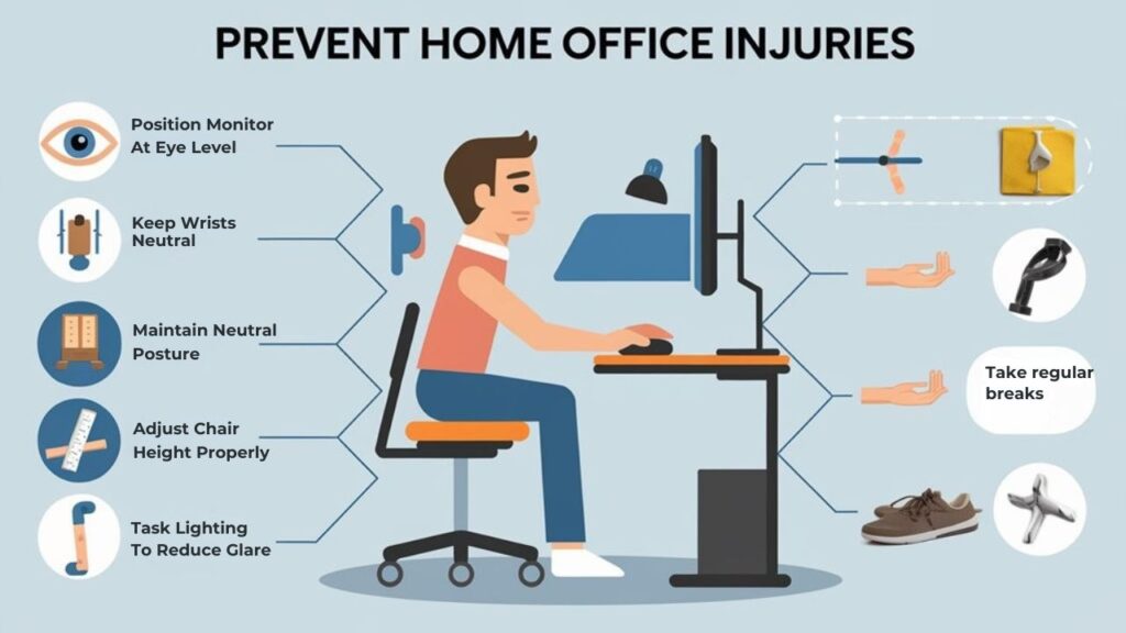 An infographic showing 5 common home office injuries (eye strain, wrist pain, back pain, neck strain, leg discomfort) and prevention methods using proper ergonomic furniture. Include images of correct chair height, monitor position, keyboard placement, and recommended stretches.