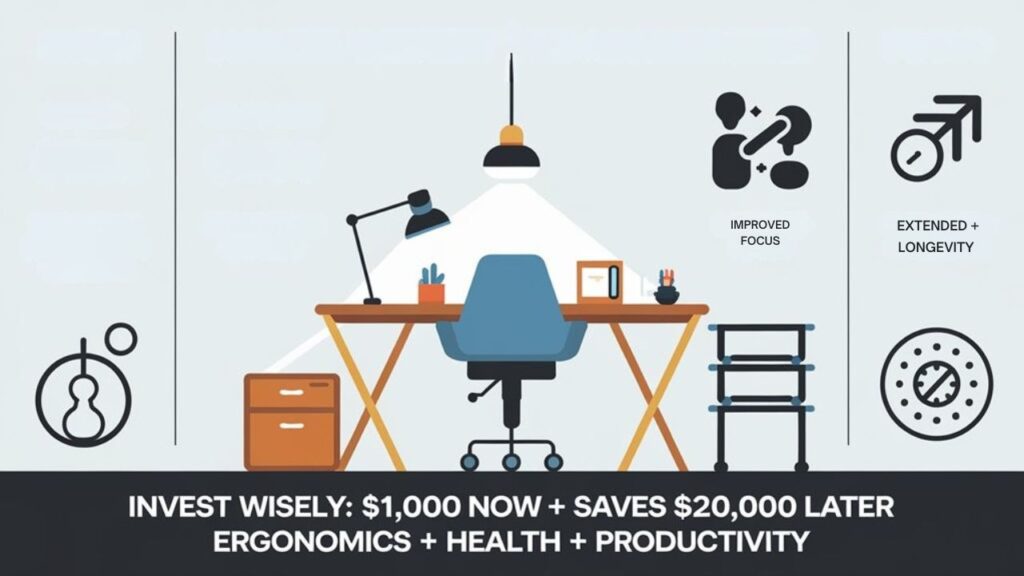 An infographic comparing initial costs versus long-term health benefits of ergonomics in home office furniture. Show price ranges for quality chairs, desks, and accessories alongside healthcare savings and productivity gains. Include visual icons representing back pain reduction, improved focus, and extended career longevity. 