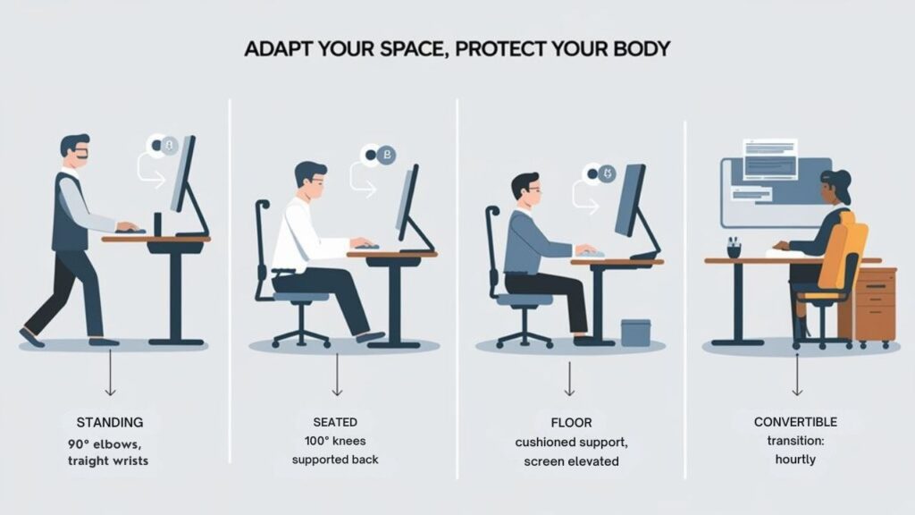 An infographic showing 4 different ergonomic workstation setups side-by-side (standing desk, traditional seated workspace, floor desk, and convertible setup), with arrows highlighting key adjustments and body positions for each style. 