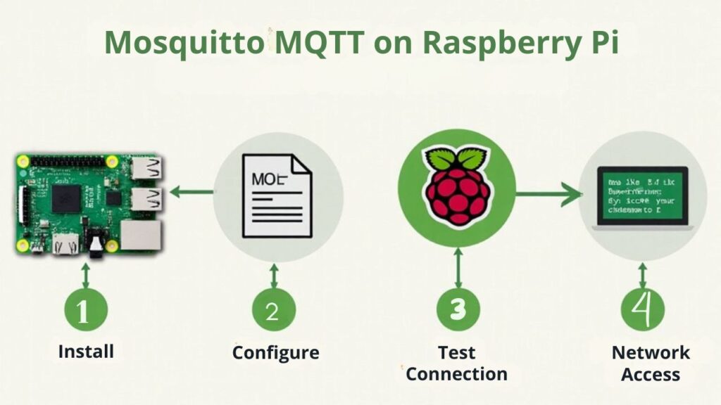 An infographic illustrating the steps for installing and configuring the Mosquitto MQTT Broker on Raspberry Pi for seamless MQTT communication. Use icons of Raspberry Pi, terminal, Mosquitto logo, configuration file, and networked devices.