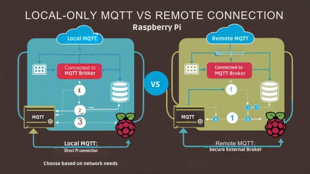 An infographic showing how to set up local-only vs remote MQTT connections on a Raspberry Pi, including key differences, sample architectures, and implementation steps.