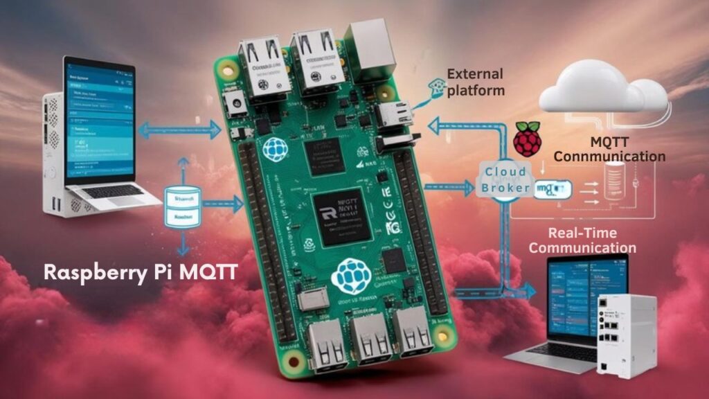 An infographic illustrating how to implement MQTT communication with Raspberry Pi, integrating external platforms and cloud brokers, with diagrams of data flow, devices, and cloud connectivity.