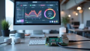 :A realistic image of a modern workspace with a Raspberry Pi connected to various IoT devices—sensors, a smart light, and a digital dashboard on a screen—demonstrating data flow. The environment is bright and technology-focused.