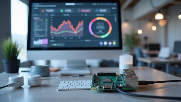 :A realistic image of a modern workspace with a Raspberry Pi connected to various IoT devices—sensors, a smart light, and a digital dashboard on a screen—demonstrating data flow. The environment is bright and technology-focused.