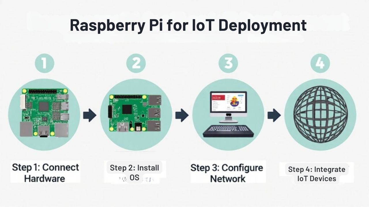 An infographic illustrating the step-by-step setup of Raspberry Pi for IoT deployment, covering connection, OS installation, network setup, and device integration in IoT ecosystems.