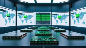 Professional IoT control center managing Raspberry Pi fleet deployment with network monitoring displays