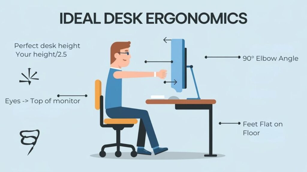 An infographic showing ideal desk ergonomics with simple illustrations of proper height measurements (elbows at 90°), monitor position (eye level), and chair adjustments. Include three desk height calculation formulas and visual examples of good vs. bad posture with arrows indicating proper alignment.