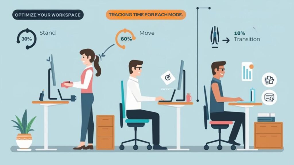 An infographic comparing standing, sitting, and hybrid desk options for productivity. Show benefits, ergonomics, and ideal timing for each position. Include a visual representation of proper posture and transitions between positions. Feature tools for tracking time spent in each mode.