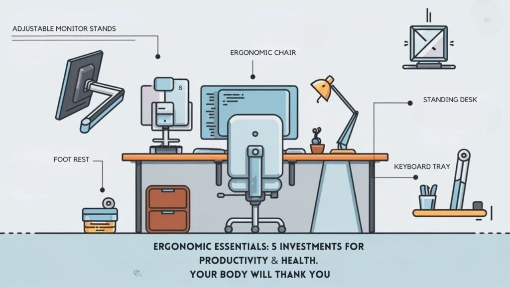 An infographic showing 5 essential ergonomic desk accessories: adjustable monitor stand, ergonomic keyboard, supportive chair, standing desk converter, and desk lamp with natural lighting. Use a clean layout with product illustrations, price ranges, and key benefits for each item.