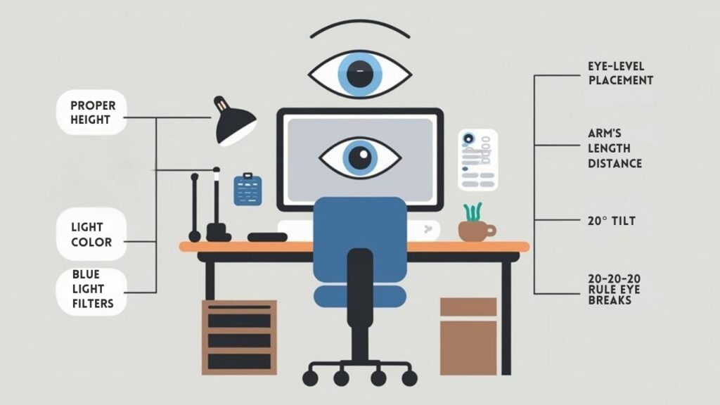 An infographic illustrating the ideal monitor setup for eye health, showing proper height (top of screen at eye level), distance (arm's length), positioning (slight upward tilt), blue light filters, and 20-20-20 rule implementation for preventing digital eye strain and maintaining productivity.
