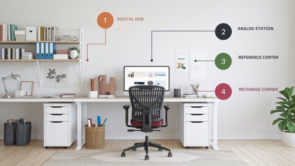 An infographic showing a clean, organized workspace with labeled zones for digital work, analog tasks, and reference materials. Include cable management solutions, ergonomic chair positioning, and proper lighting techniques. Use a color-coded system to highlight productivity zones.
