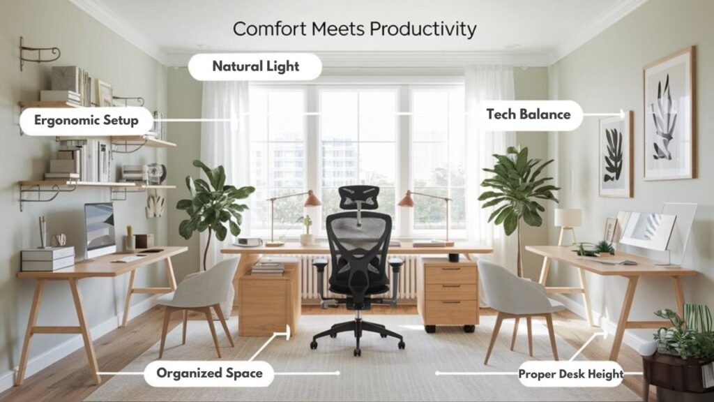 An infographic showing a well-designed home office with labeled elements for balancing comfort and productivity. Include ergonomic chair, proper desk height, natural lighting, organized workspace, and tech setup with minimal distractions. Use a clean, modern style with a soothing color palette.