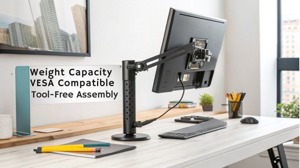 Factors to consider when choosing an ergonomic monitor mount include weight capacity, VESA Compatibility and Tool-Free Assembly