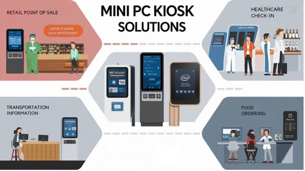 An infographic showing 5 key self-service kiosk applications using mini PCs. This illustrates some mini pc uses for digital signage. Feature sleek modern kiosks in retail stores, healthcare facilities, transportation hubs, restaurants, and corporate environments. Include performance specs and connectivity options for Intel NUC mini PCs.