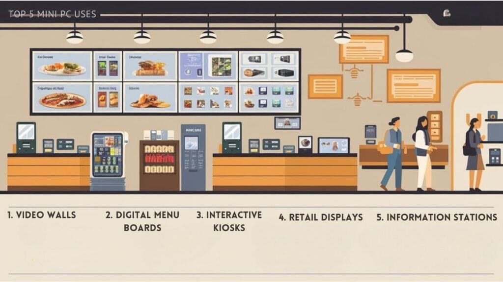 An infographic showing a retail space with multiple mini PCs powering digital menu boards and video walls. Include comparison charts of processing requirements and connectivity options for digital signage applications.