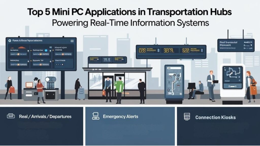 An infographic showing five modern transportation hubs utilizing mini PCs for digital signage systems. Display real-time arrivals/departures, wayfinding maps, emergency alerts, and interactive information kiosks. Include hardware specifications and connectivity requirements for reliable 24/7 operations in busy environments.