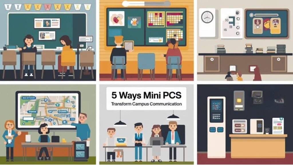 An infographic showing how educational institutions use mini PCs for dynamic communication through digital signage and kiosks. Display classroom directions, event calendars, emergency notifications, interactive campus maps, and student achievement showcases with vibrant colors and intuitive icons.