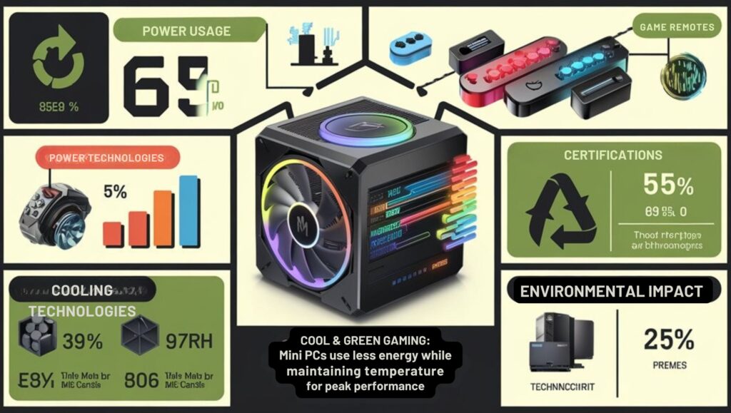 An infographic illustrating how mini PCs reduce energy consumption and provide efficient cooling for gamers. Show comparison charts of power usage between mini PCs vs traditional gaming PCs, cooling technologies, and environmental impact statistics with vibrant gaming-themed visuals.