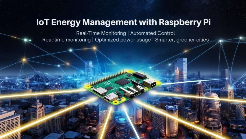 An infographic illustrating how using the Raspberry Pi for Smart City Projects like IoT-based energy management systems, highlighting real-time monitoring, automation, and efficiency benefits.