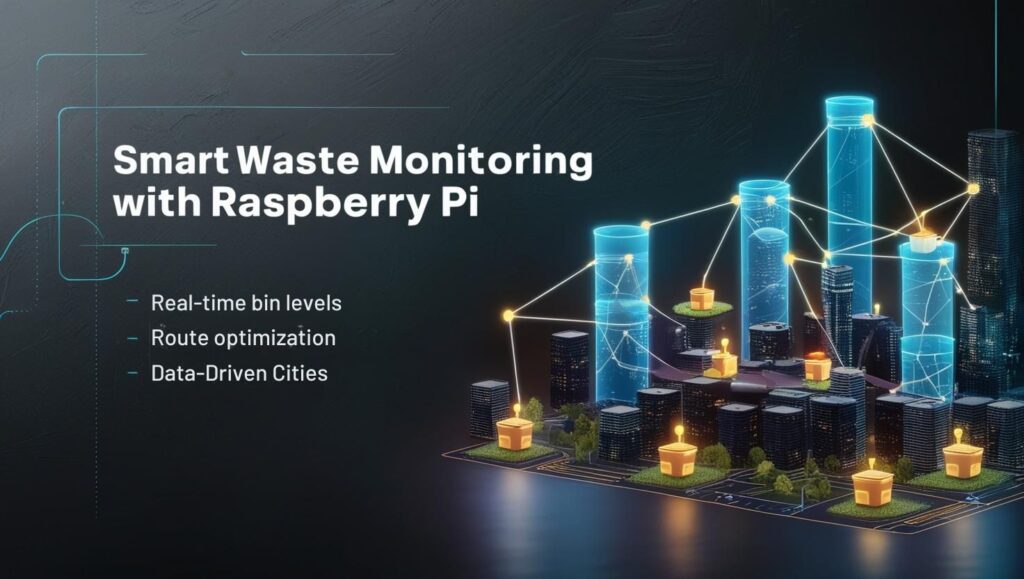 An infographic illustrating how using the Raspberry Pi for smart city projects enhances waste collection efficiency, enables bin fill monitoring, and integrates data for smart city management systems.
