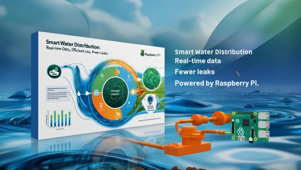 An infographic illustrating how Raspberry Pi devices enable real-time analytics to optimize water distribution in smart cities, with charts, icons, and data flows highlighting system integration.